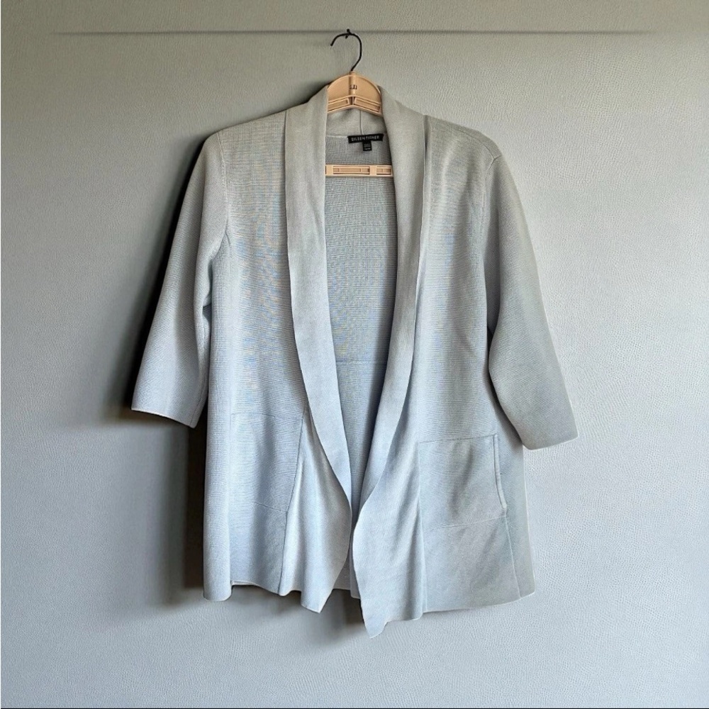 EILEEN FISHER Cardigan Sz M Silk Blue Open Front Shawl Casual Office READ